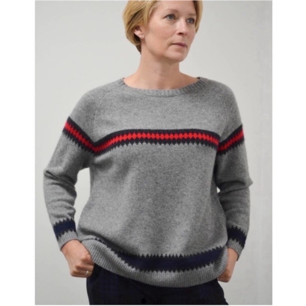 Classic Jumper 1234 Cashmere Grey Crewneck Sweater with Red & Navy Stripe Sz 2/S